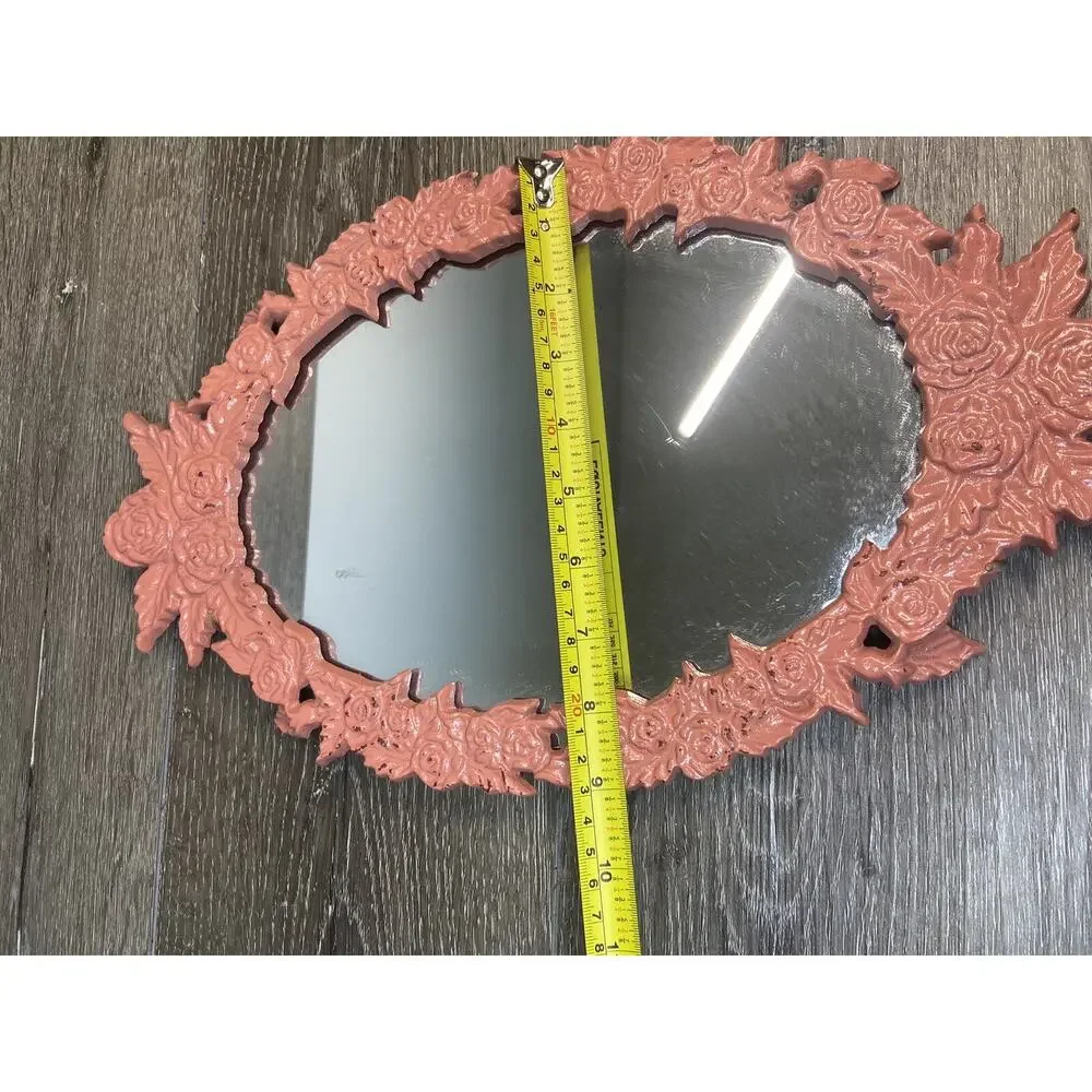 Vintage Oval Ornate Cast Metal Wall Hanging Mirror 16x9” Pink